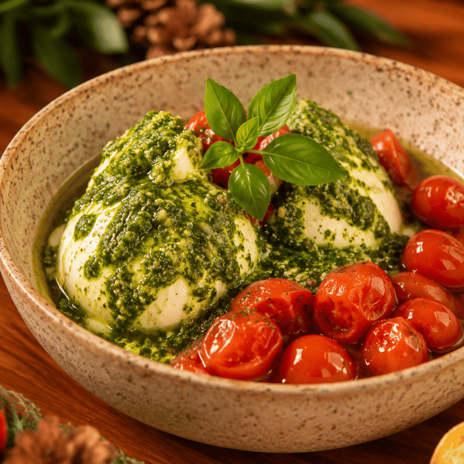DUO DE BURRATA COM TOMATE CONFIT E MANJERICÃO